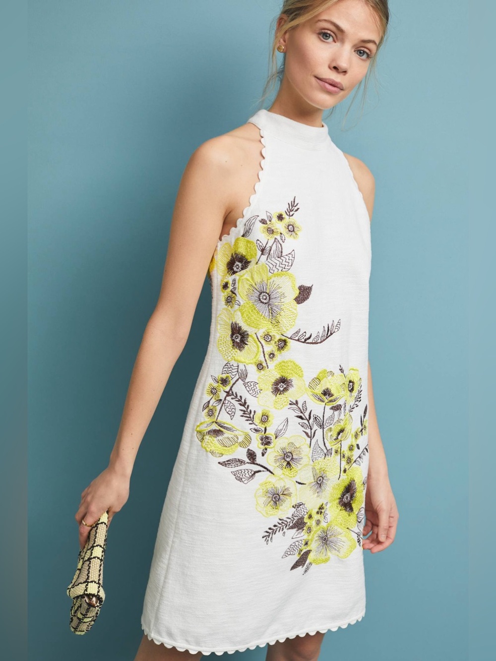 Maeve Anthropologie Petunia Shift Dress White Yellow Embroidered Floral US 0